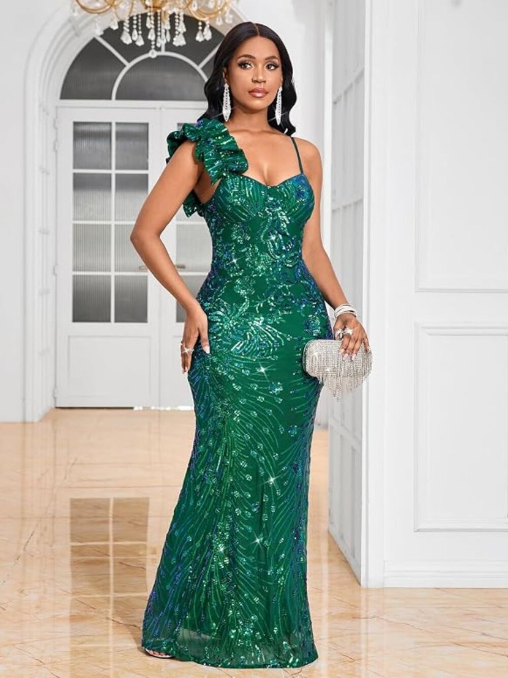 Elegant Sexy Sequin High Split Ruffled Hem Mermaid Formal Evening Gown - NWT - M